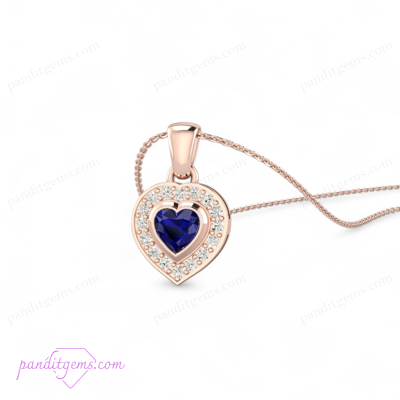 Blue Sapphire Heart Necklace with a halo of cubic zirconia, sterling silver pendant, 14mm tall including bail.