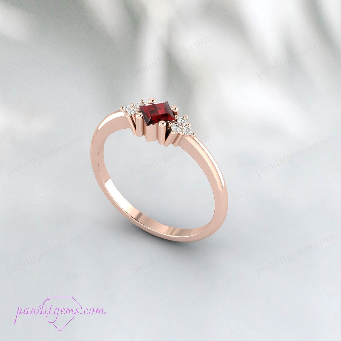Classic princess-cut garnet ring with simulated diamonds and vintage appeal.