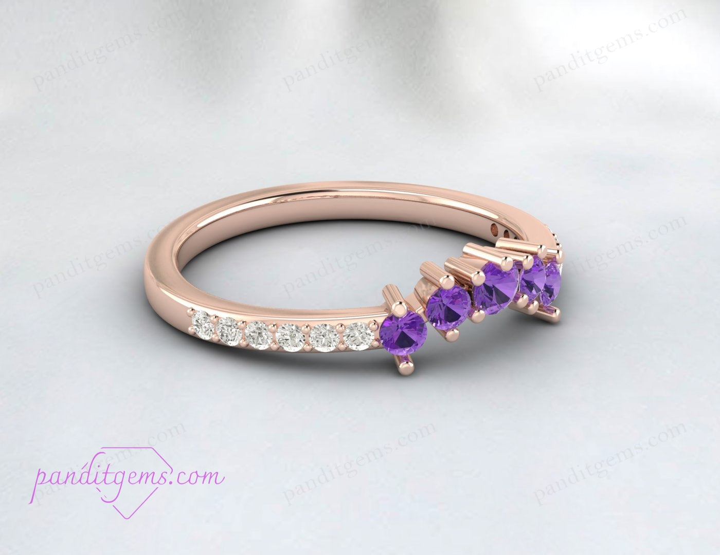 Close-up of Art Deco Rose Gold Amethyst Stacking Ring for Women