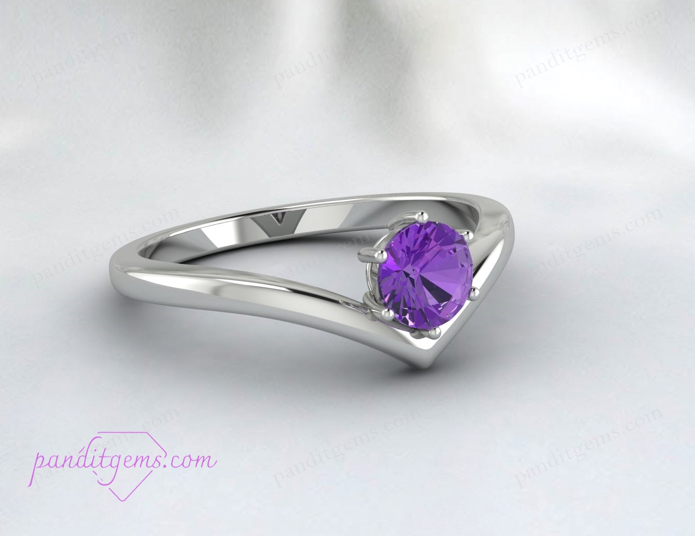 Close-up of the 925 sterling silver chevron ring featuring a purple amethyst gemstone, perfect as a promise or engagement ring.