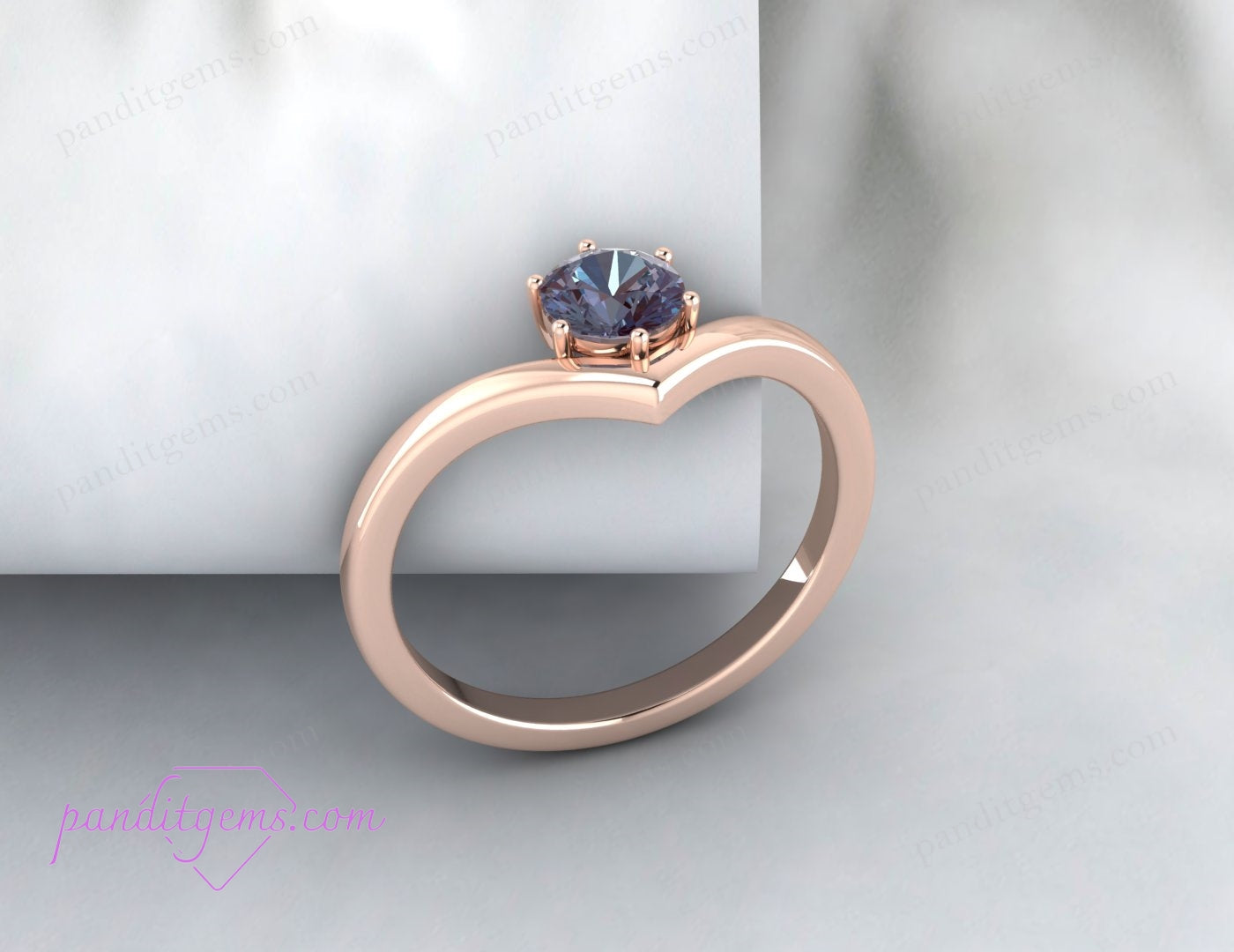Curved V Shape Wedding Band with Alexandrite Gemstone