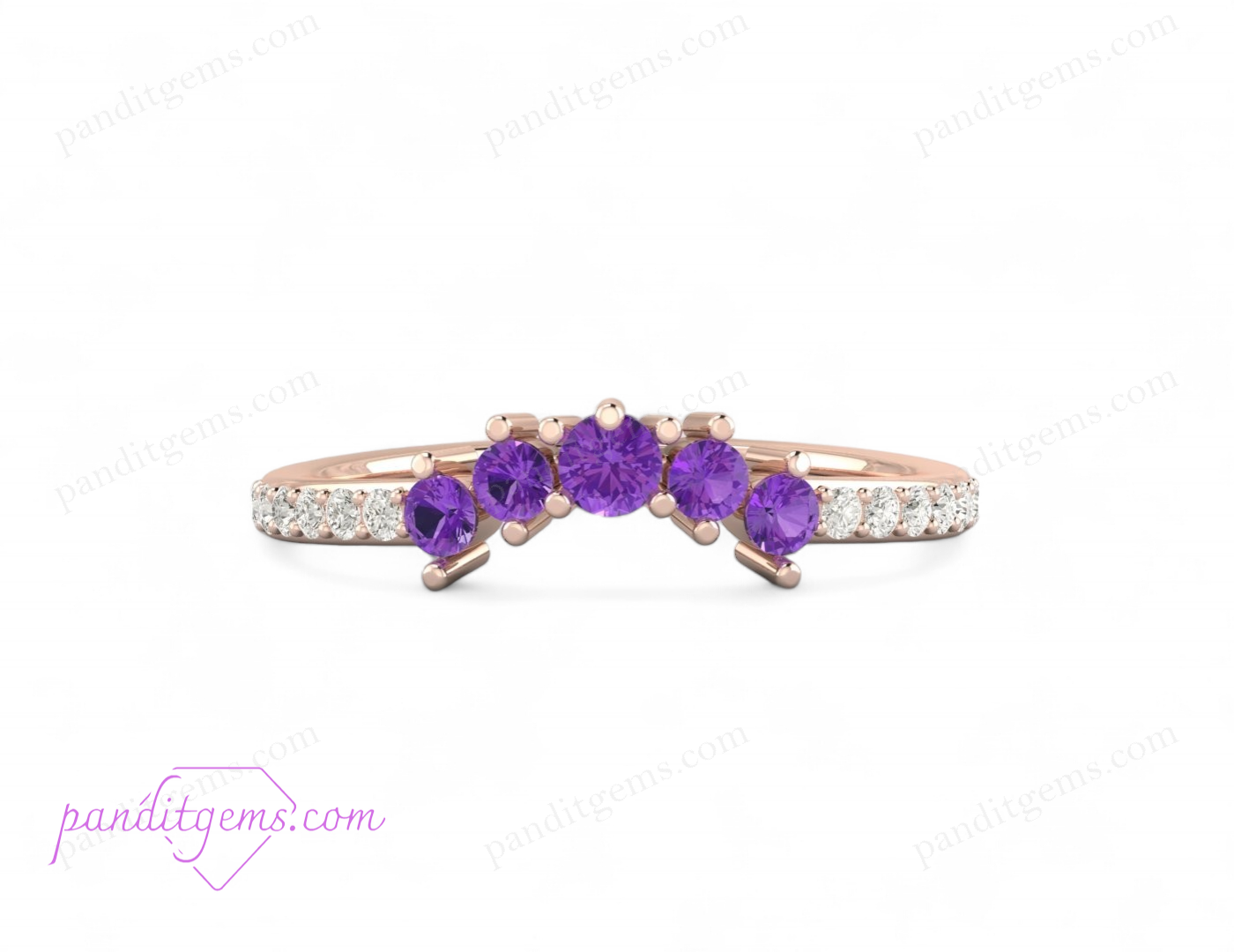 Dainty Amethyst Curved Wedding Band in 925 Sterling Silver, white background