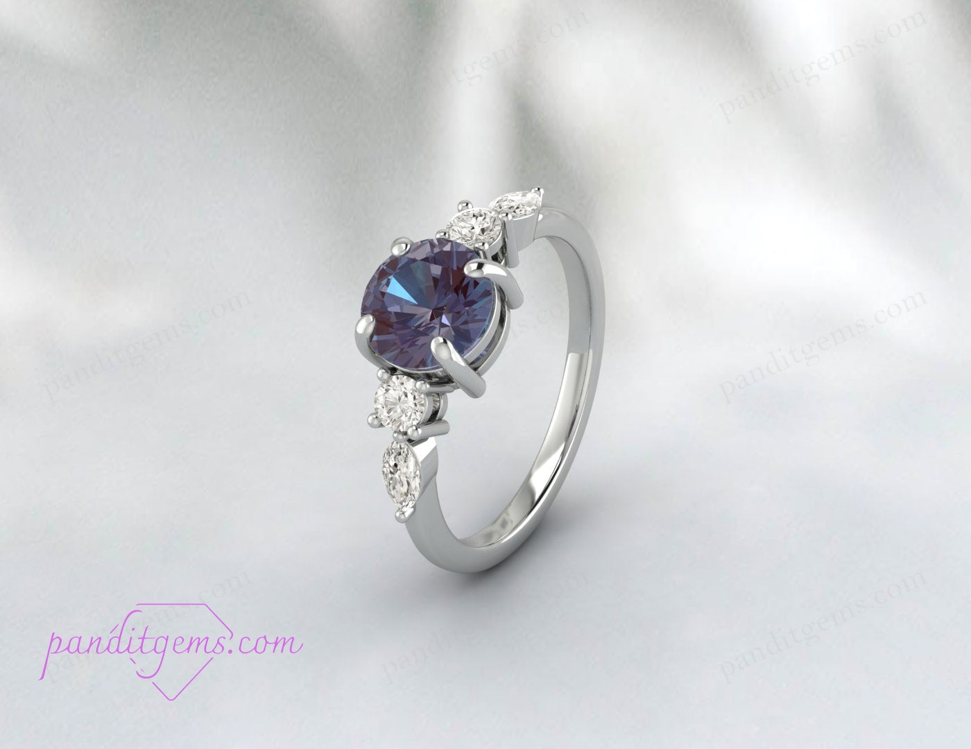 Detail of vintage-inspired Alexandrite ring for weddings.