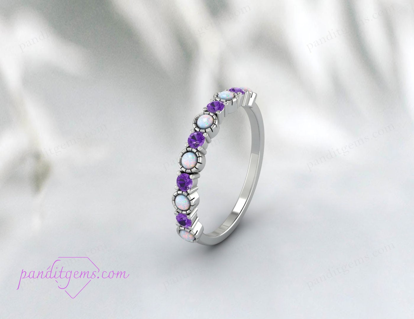 "Engraved opal and amethyst ring in sterling silver, customizable and suitable for various sizes."
