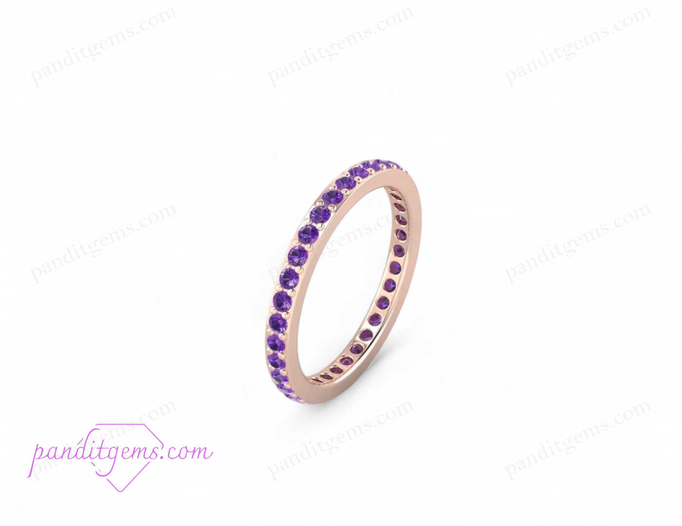 Full eternity wedding band featuring round-cut amethyst stones, set in 925 sterling silver. A dainty 2mm stacking band for weddings, engagements, or bridal gifts.