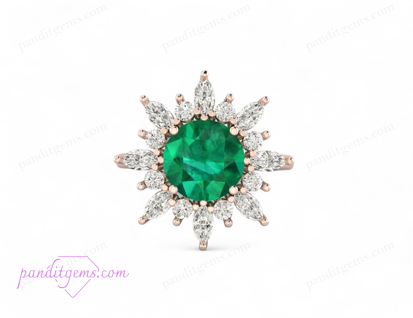 A stunning halo anniversary ring featuring a round cut emerald set in 925 silver with an 18K gold filled band.