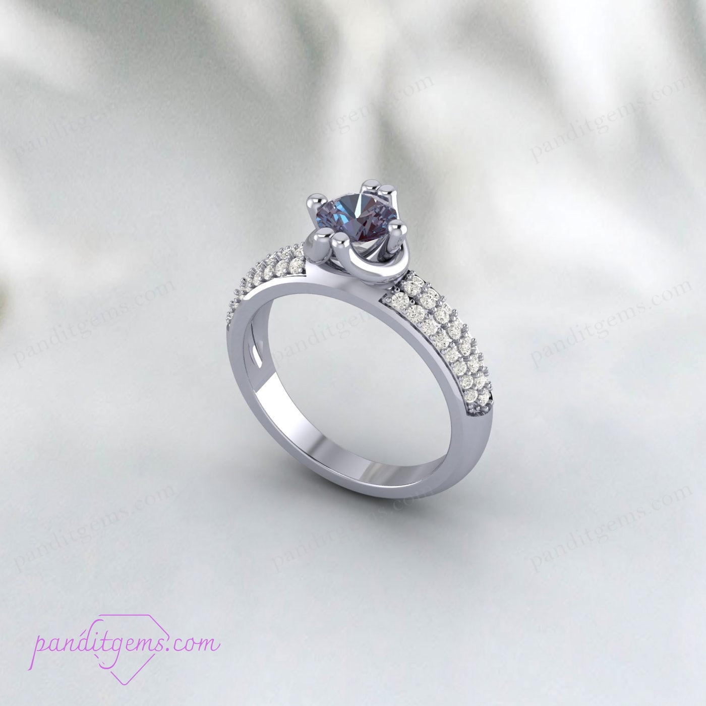 Handcrafted Alexandrite ring with simulated diamonds, perfect for anniversaries.