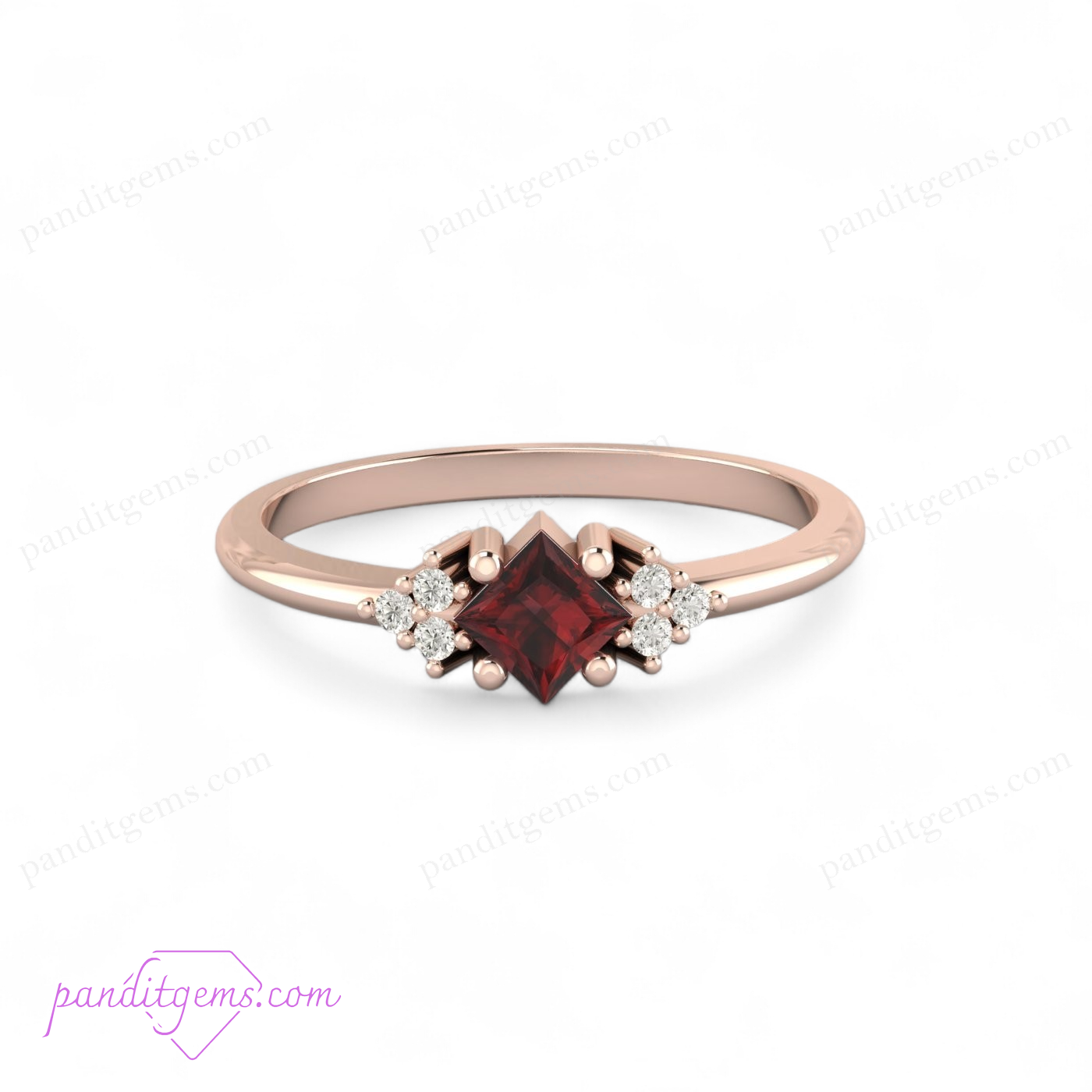 Image of a vintage princess-cut garnet wedding ring set in 925 sterling silver with diamond accents.