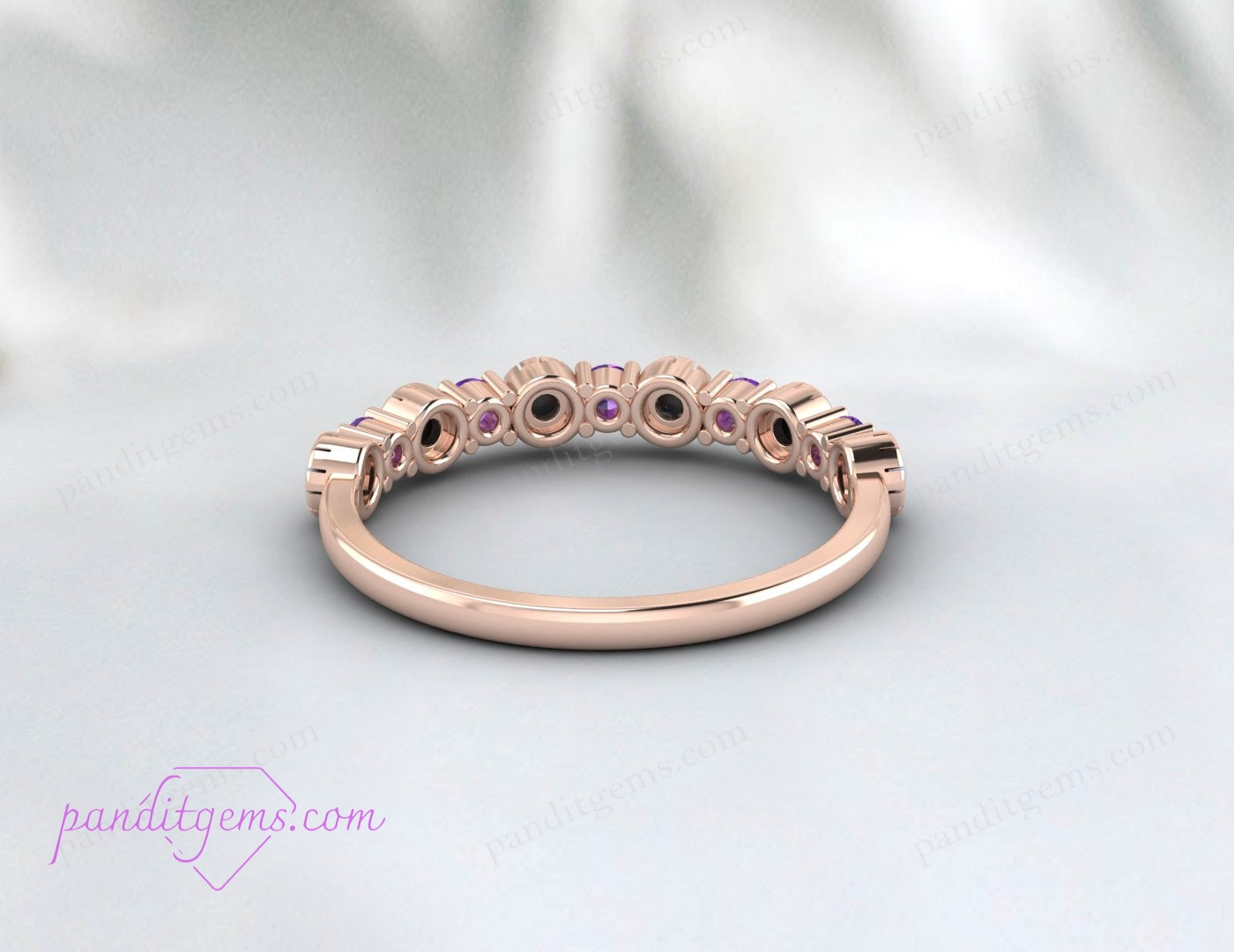"Opal amethyst wedding band with a vintage design in 14K white gold, showcasing the beauty of birthstones."