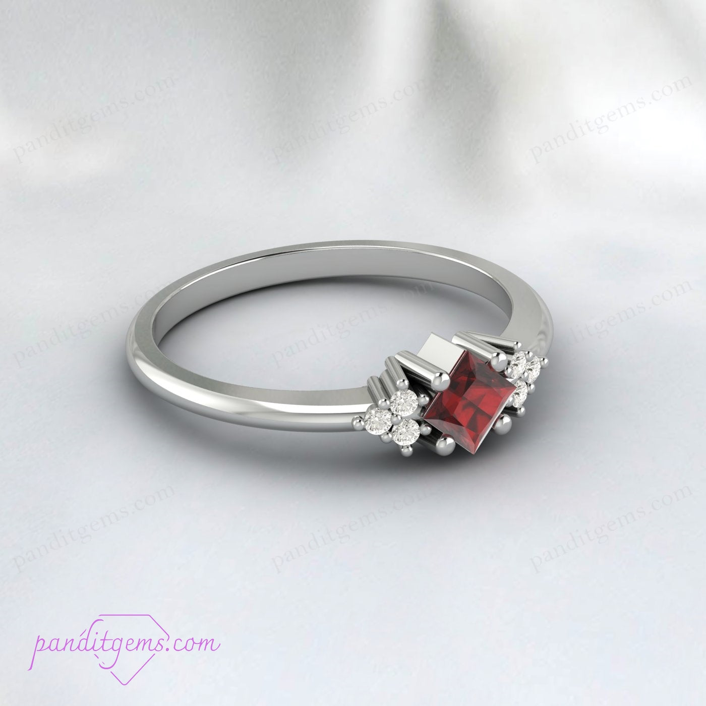 Regal princess-cut garnet wedding ring with diamonds, suitable for January birthstone gifts.