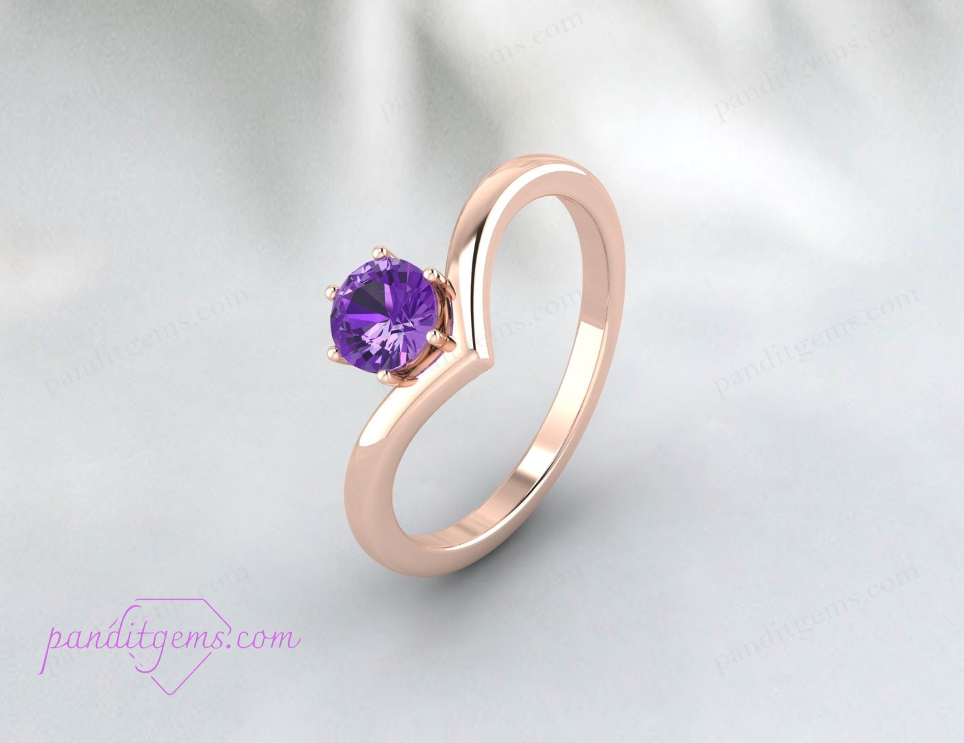 Side view of the dainty V-shape amethyst ring, featuring a purple gemstone and minimalist sterling silver band for a contemporary look.