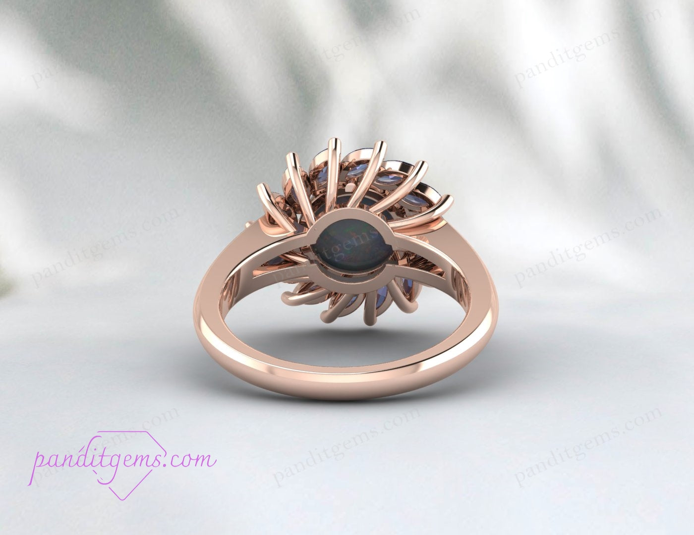 Side view of the gold-filled Opal and Alexandrite wedding band, showcasing its elegant eternity design.