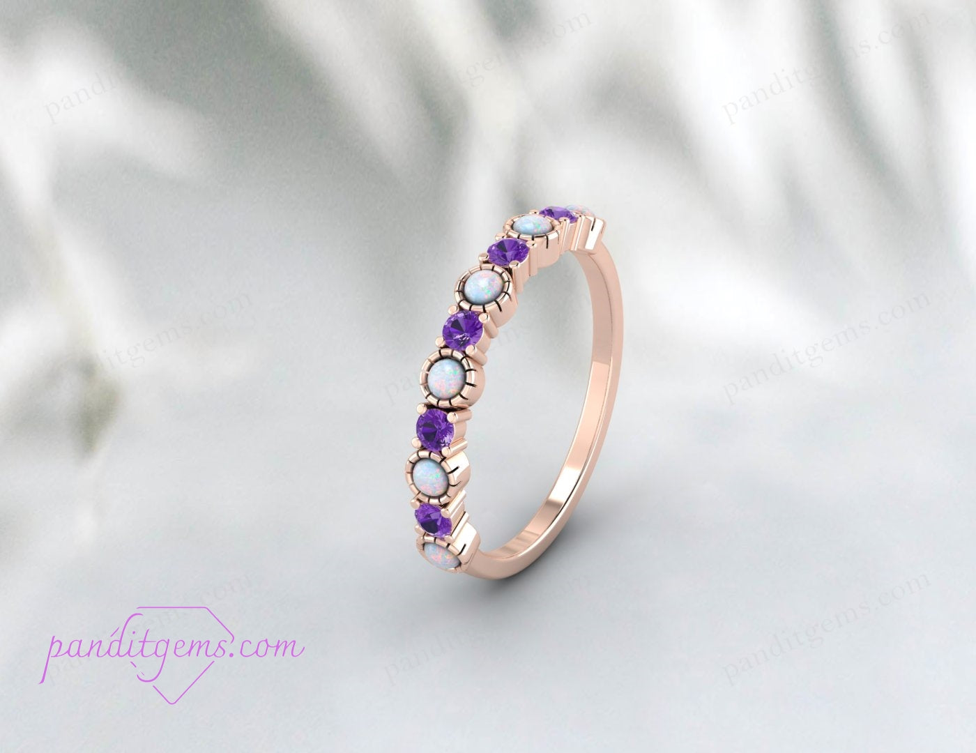 "Stackable amethyst and opal ring set in 925 sterling silver, perfect for creating custom looks."