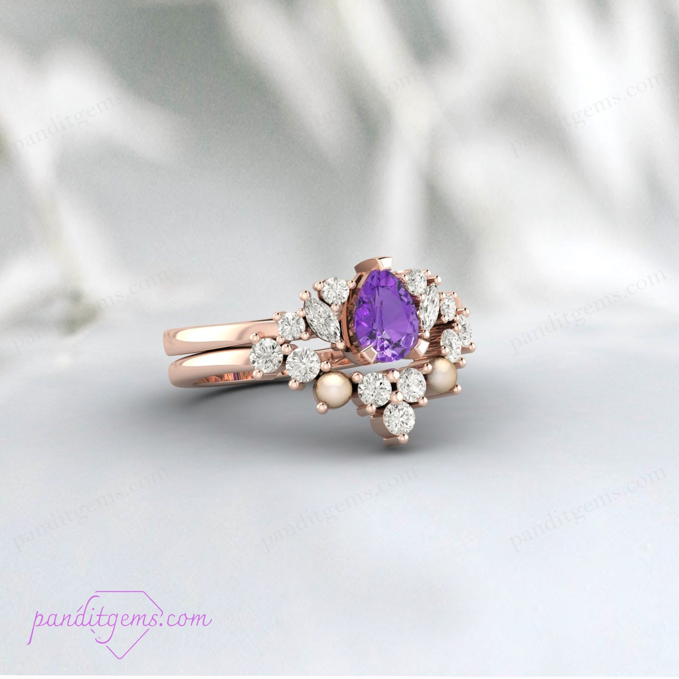 Vintage-inspired amethyst bridal set with a purple stone and simulated diamond crown band.
