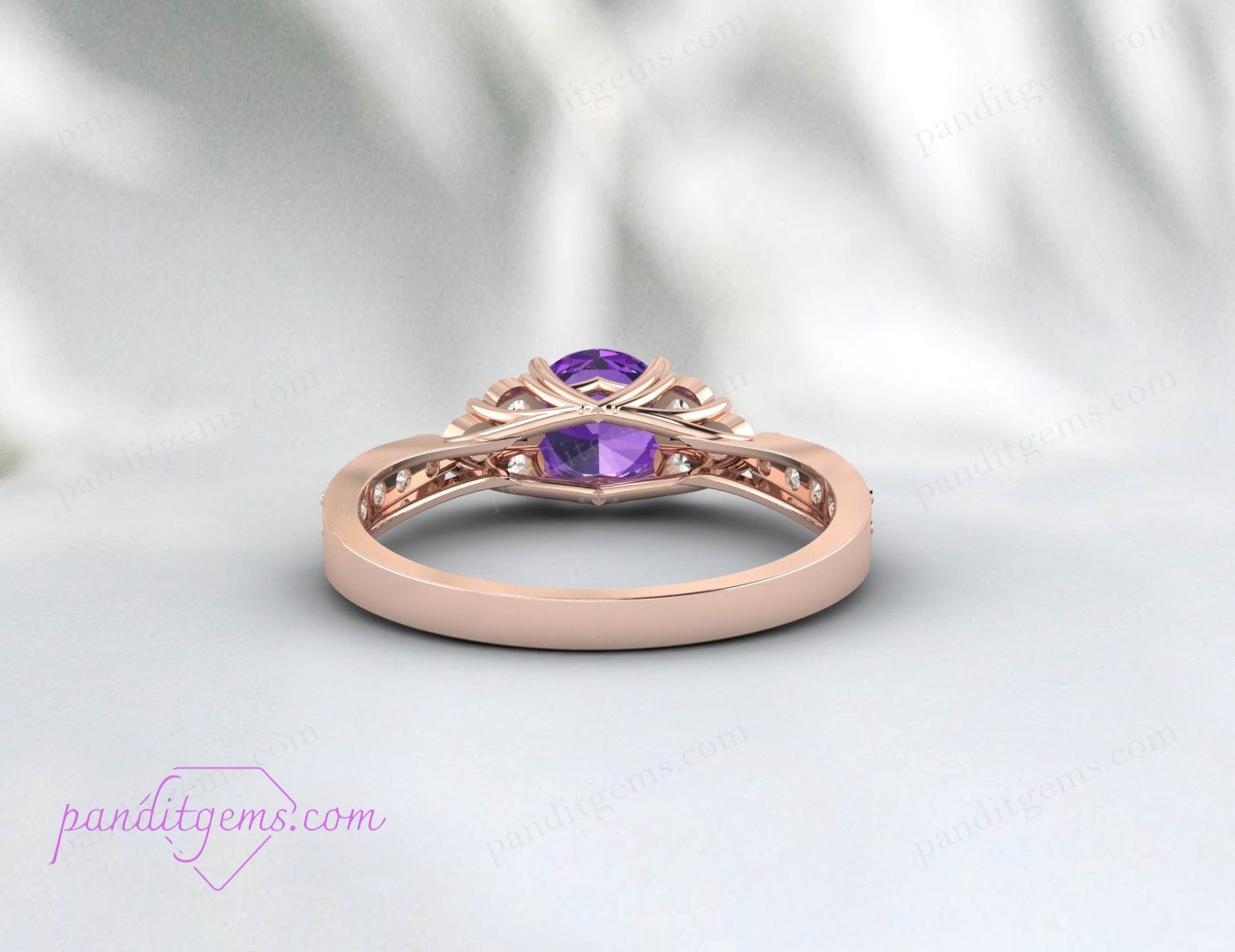 Vintage-style Amethyst and Moissanite wedding band in 14k rose gold, ideal for special occasions.