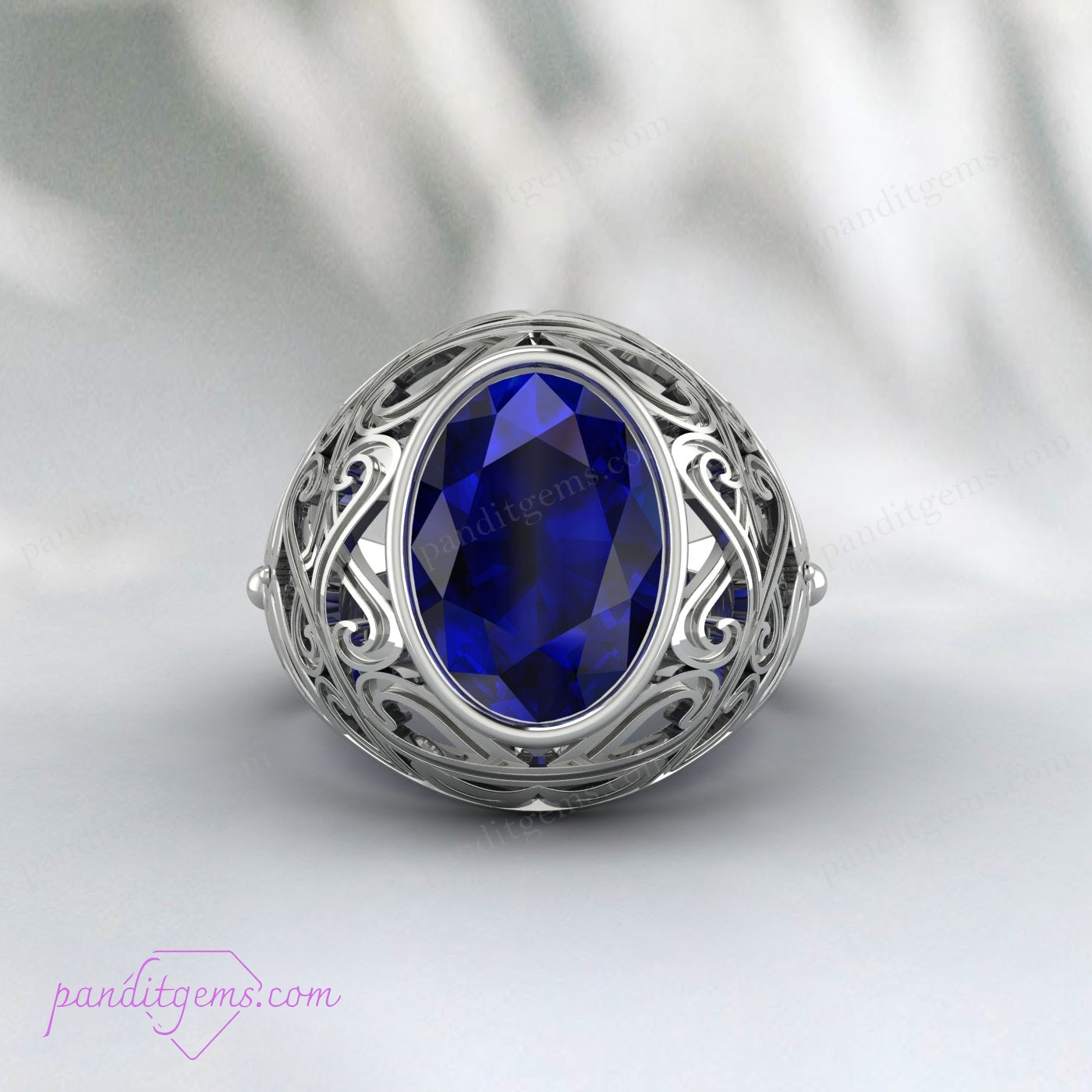 Vintage Ceylon Blue Sapphire Solitaire Ring, showcasing the detailed 925 sterling silver band and large oval sapphire.