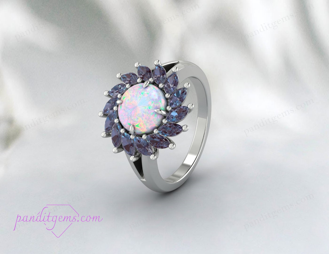 Women’s round-cut opal and alexandrite wedding ring in 925 sterling silver.
