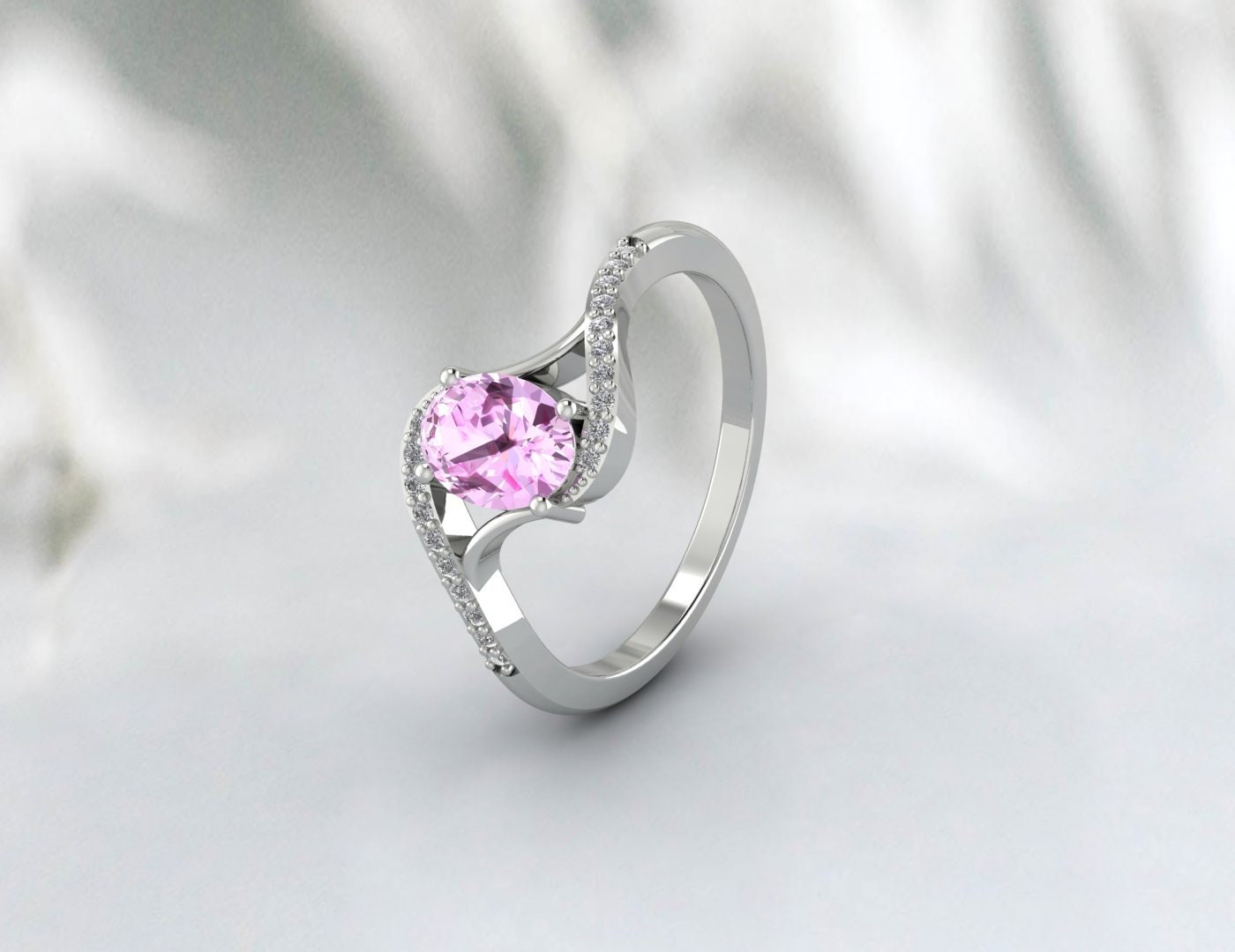 Pink Sapphire Oval Cut Diamond Engagement Rose Gold Ring Gift For Mom
