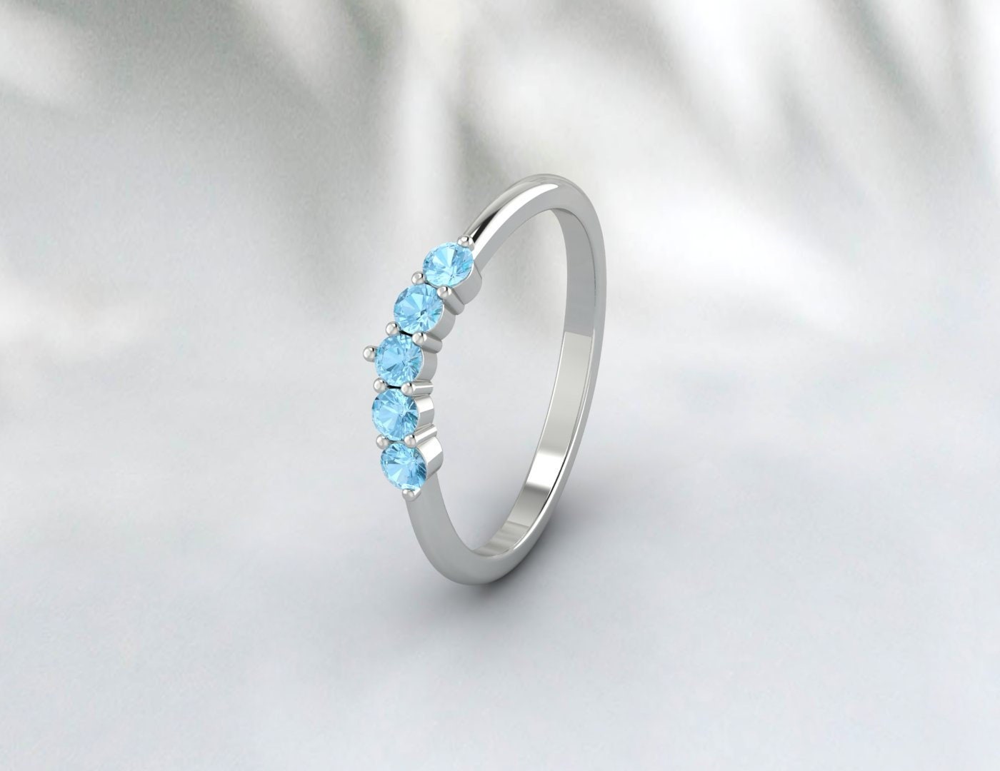 Aquamarine Chevron Band 14K White Gold | Dainty Half Eternity March Birthstone Wedding