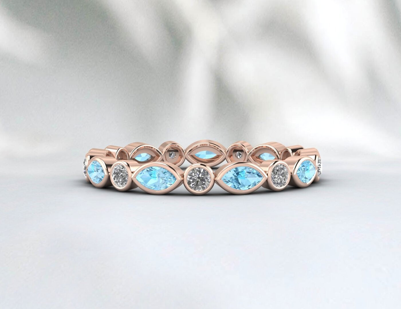Marquise aigue-marine alliance Moissanite anniversaire bande cadeau