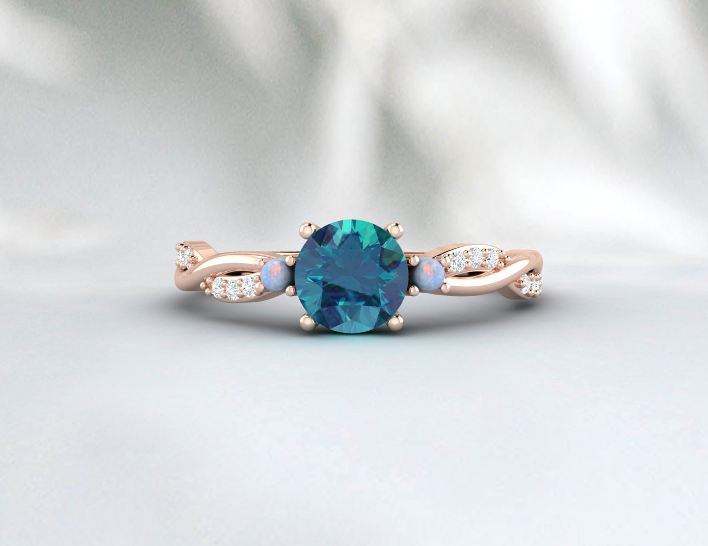 Round London Blue Topaz engagement ring, vintage opal ring, Diamond ring for women rose gold ring jewelry unique anniversary wedding ring