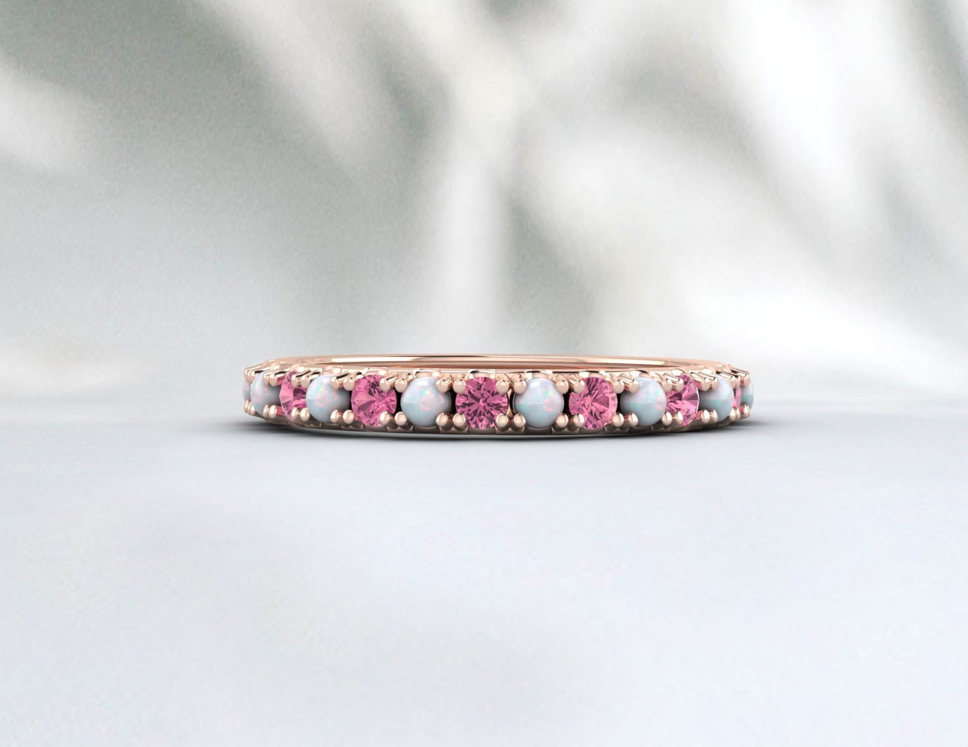 Opal and Pink Tourmaline Wedding Band 14K Rose Gold Filled Opal Wedding Ring October Birthstone Ring Gemstone Band Stackable Ring Anniversary Gift