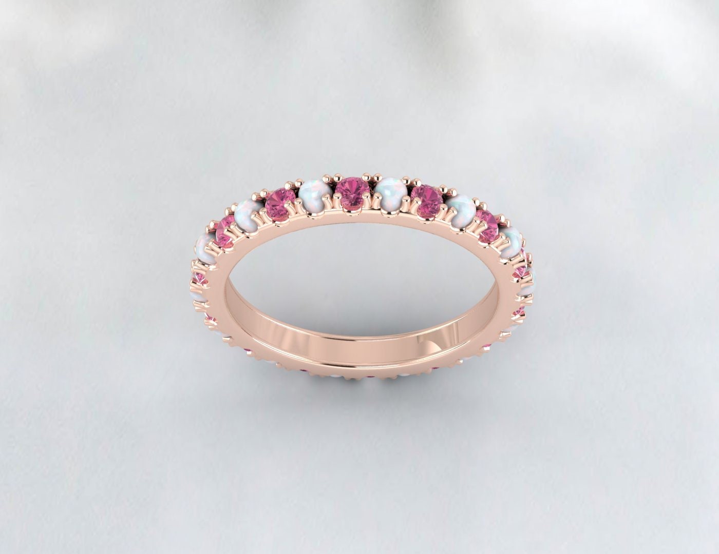 Opal and Pink Tourmaline Wedding Band 14K Rose Gold Filled Opal Wedding Ring October Birthstone Ring Gemstone Band Stackable Ring Anniversary Gift