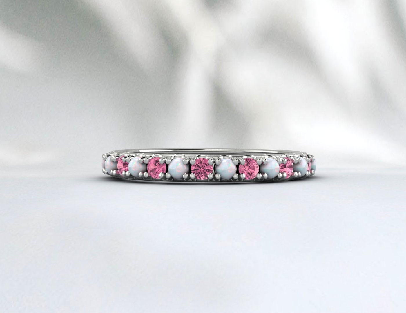 Opal and Pink Tourmaline Wedding Band 14K Rose Gold Filled Opal Wedding Ring October Birthstone Ring Gemstone Band Stackable Ring Anniversary Gift