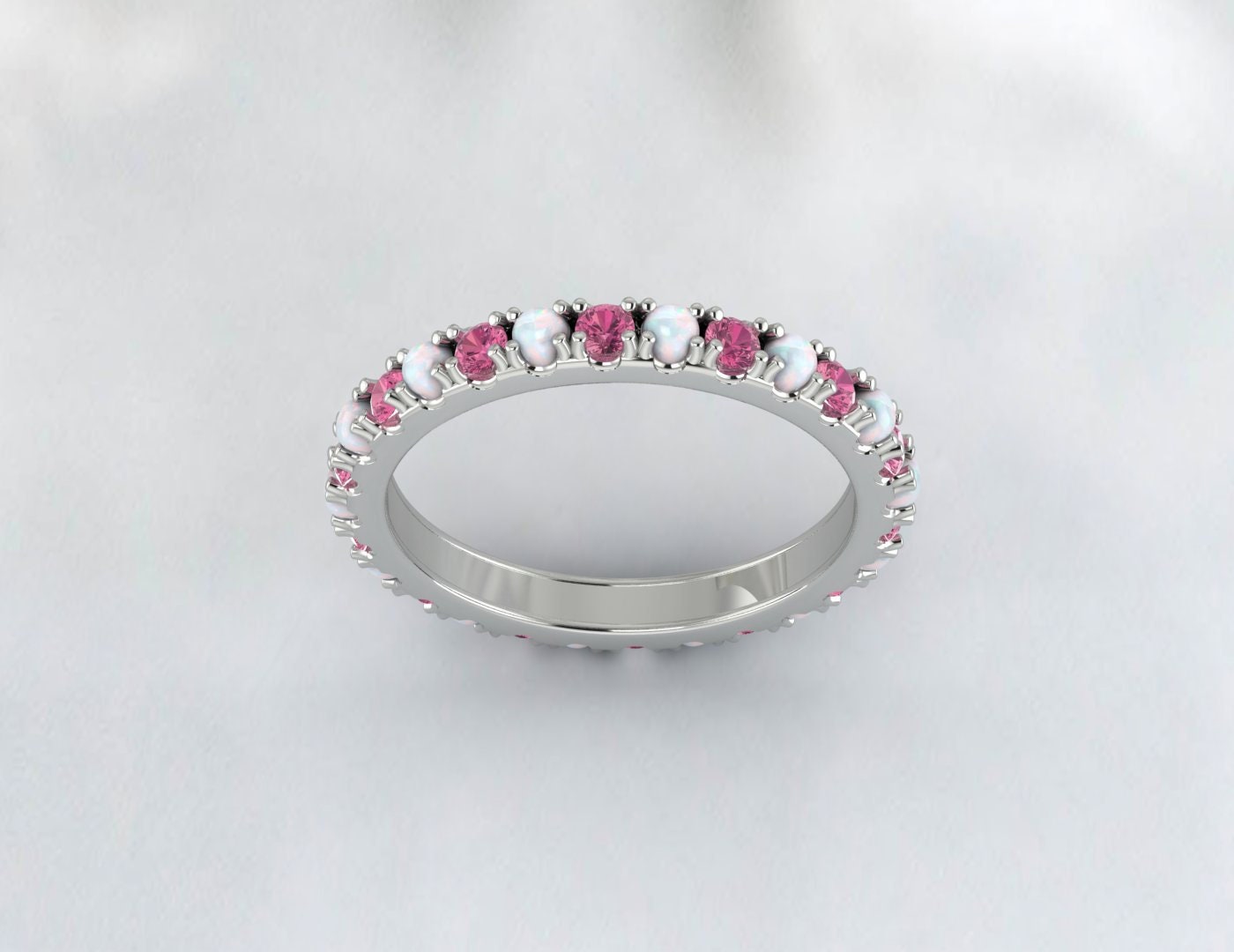 Opal and Pink Tourmaline Wedding Band 14K Rose Gold Filled Opal Wedding Ring October Birthstone Ring Gemstone Band Stackable Ring Anniversary Gift