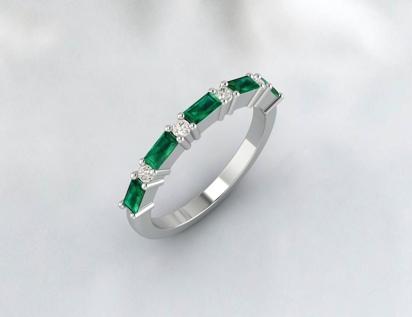 Baguette Emerald May Birthstone Diamond Ring Anniversary Wedding Ring