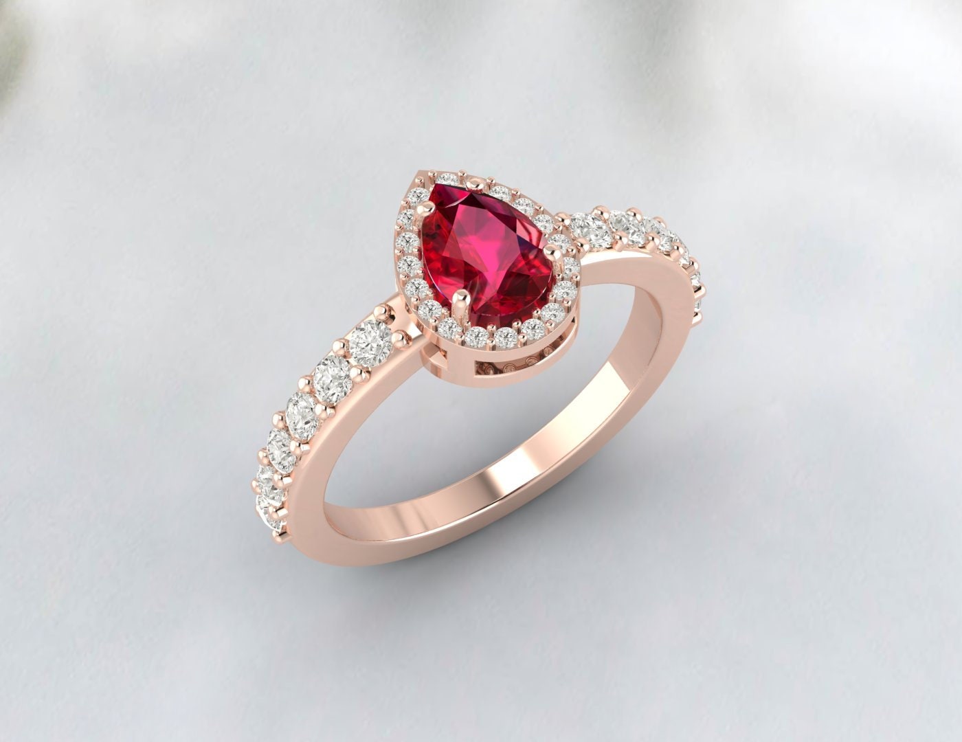 Pear Cut Ruby Engagement Ring Silver July Birthstone Anniversary Ring