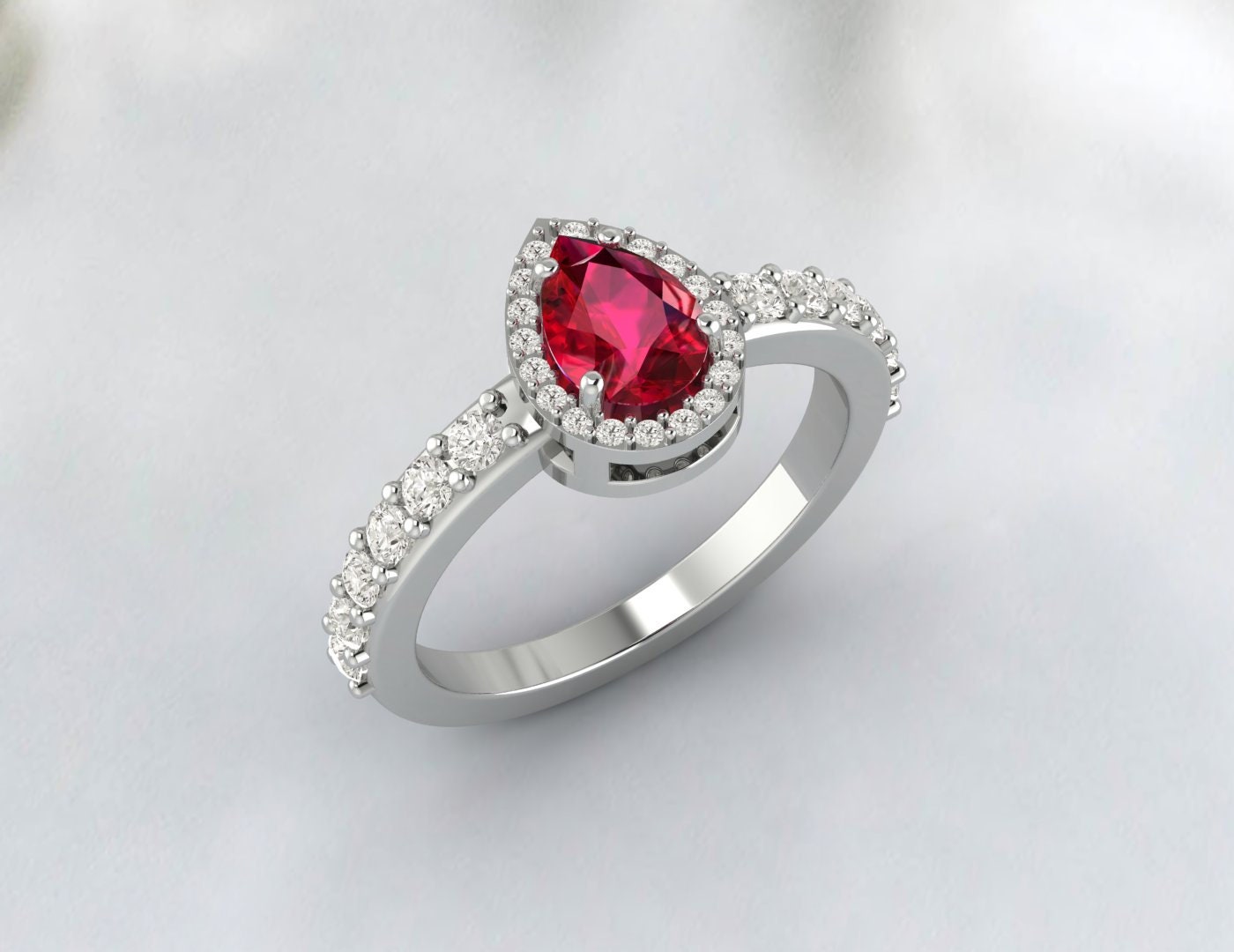 Pear Cut Ruby Engagement Ring Silver July Birthstone Anniversary Ring