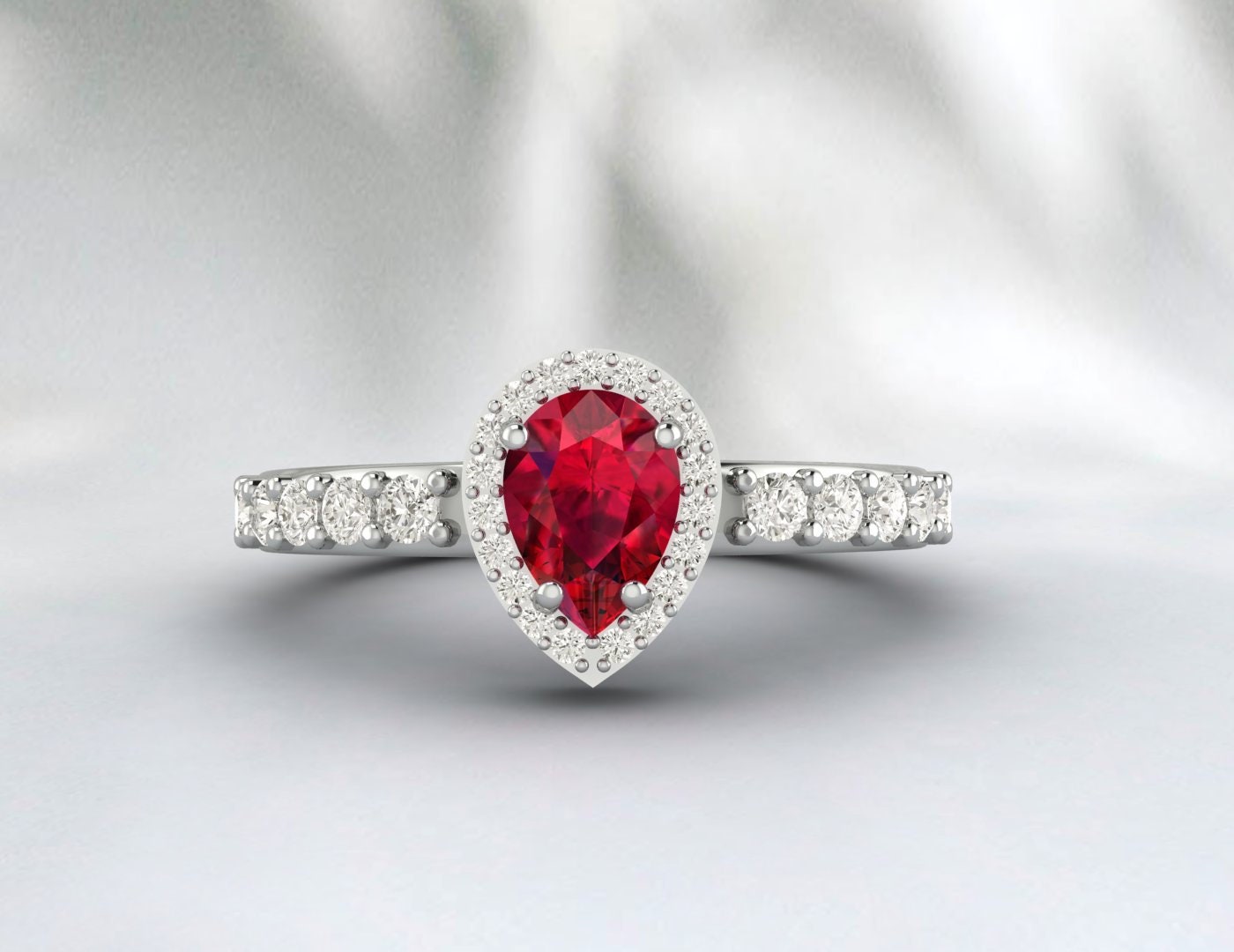 Pear Cut Ruby Engagement Ring Silver July Birthstone Anniversary Ring
