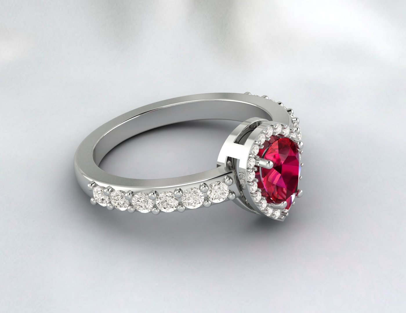 Pear Cut Ruby Engagement Ring Silver July Birthstone Anniversary Ring