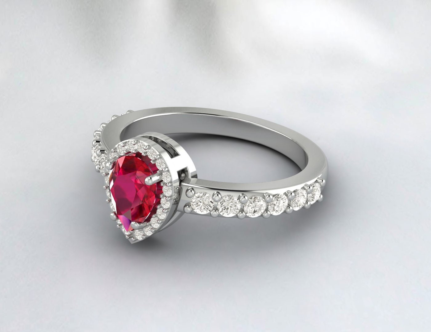 Pear Cut Ruby Engagement Ring Silver July Birthstone Anniversary Ring
