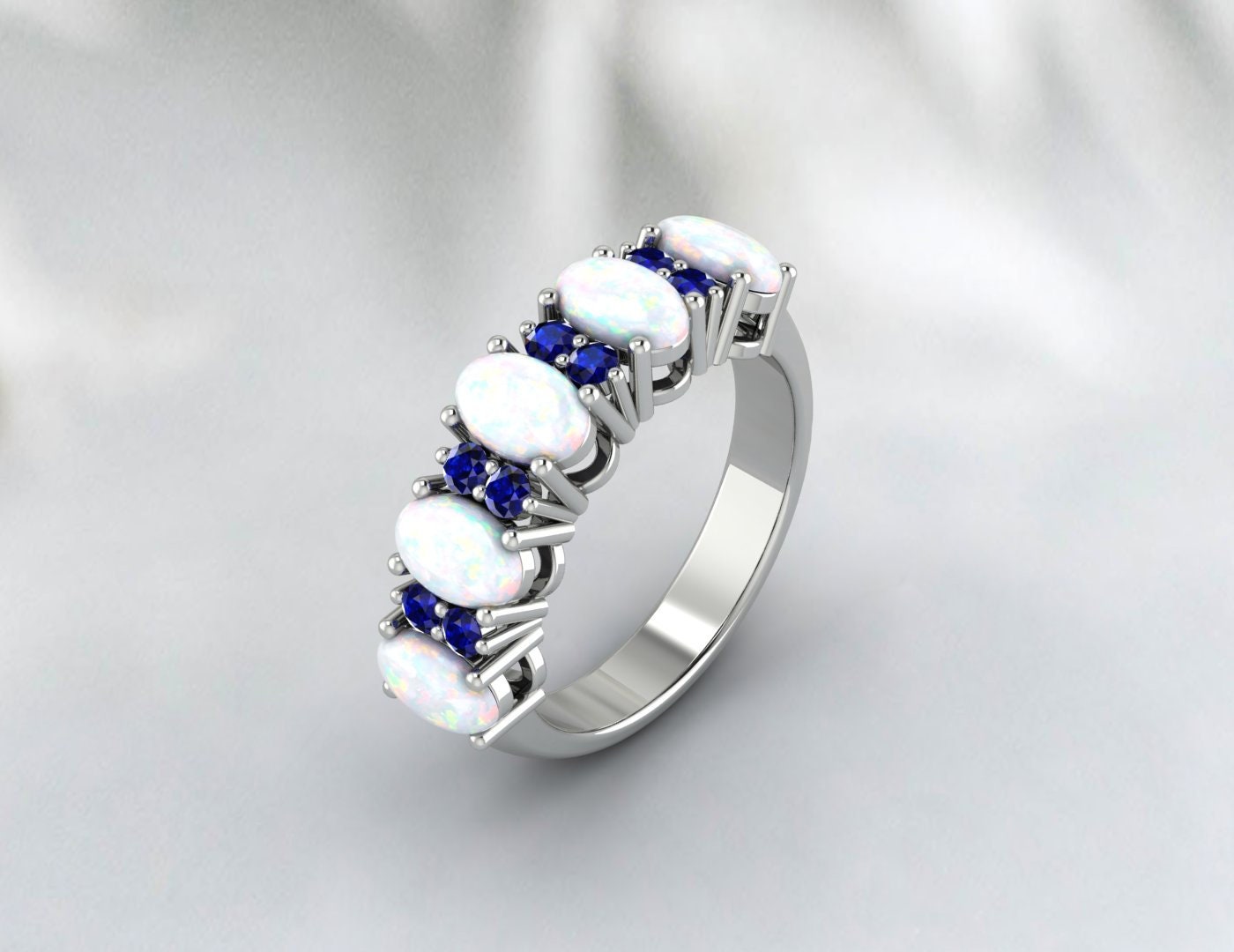 Opal With Blue Sapphire Silver Band Half Eternity Band Wedding Band