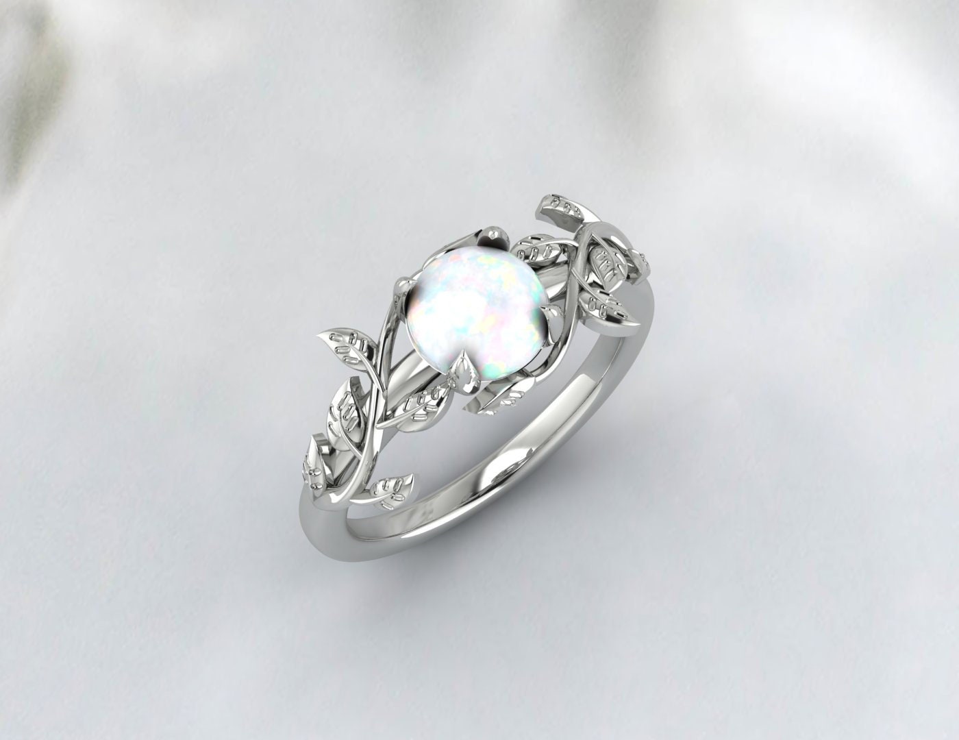 Opal Vine Leaf Ring Rose Gold Sterling Silver | Nature-Inspired October Birthstone 1ct