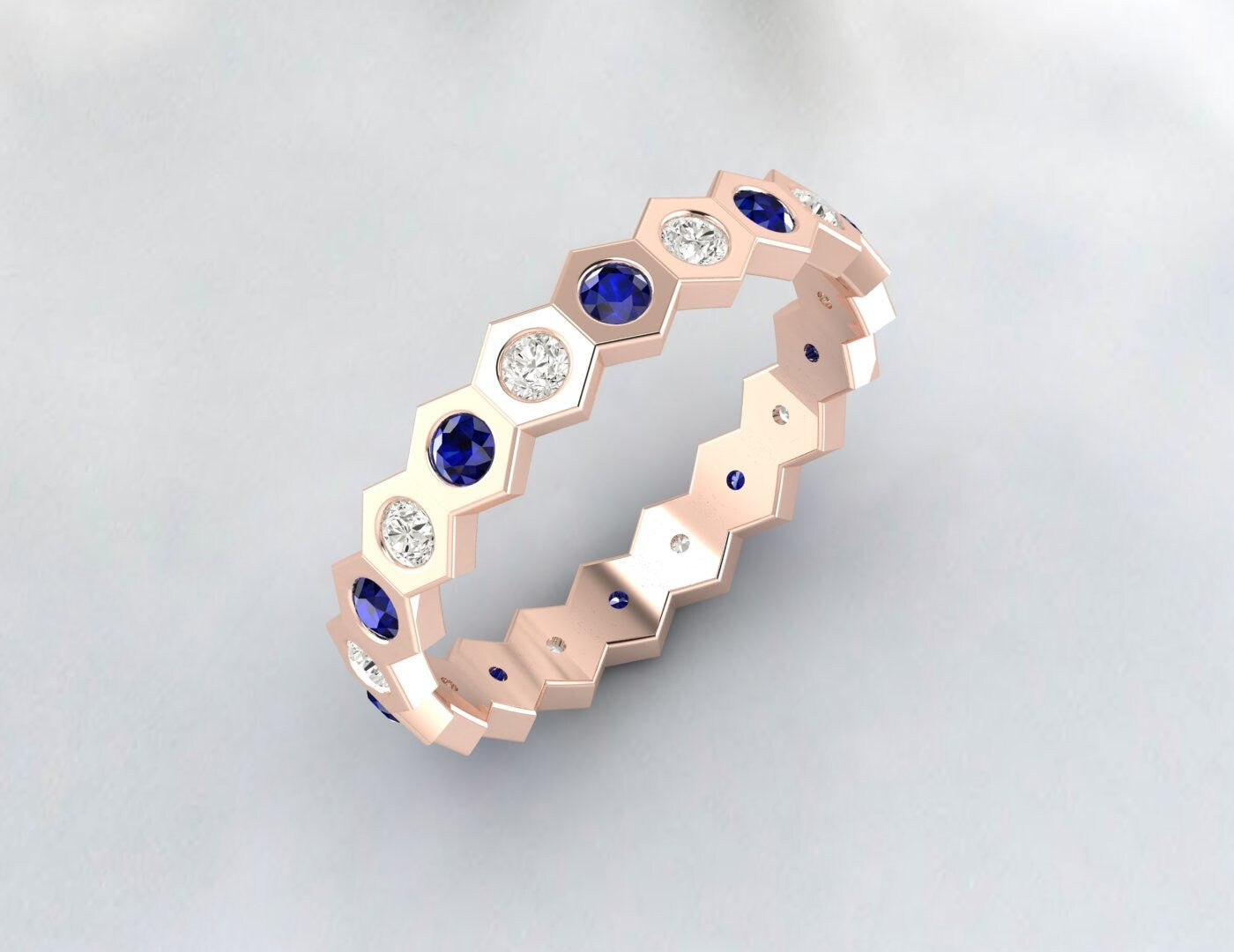 Diamond Blue Sapphire Eternity Wedding Band Hexagon Style Band