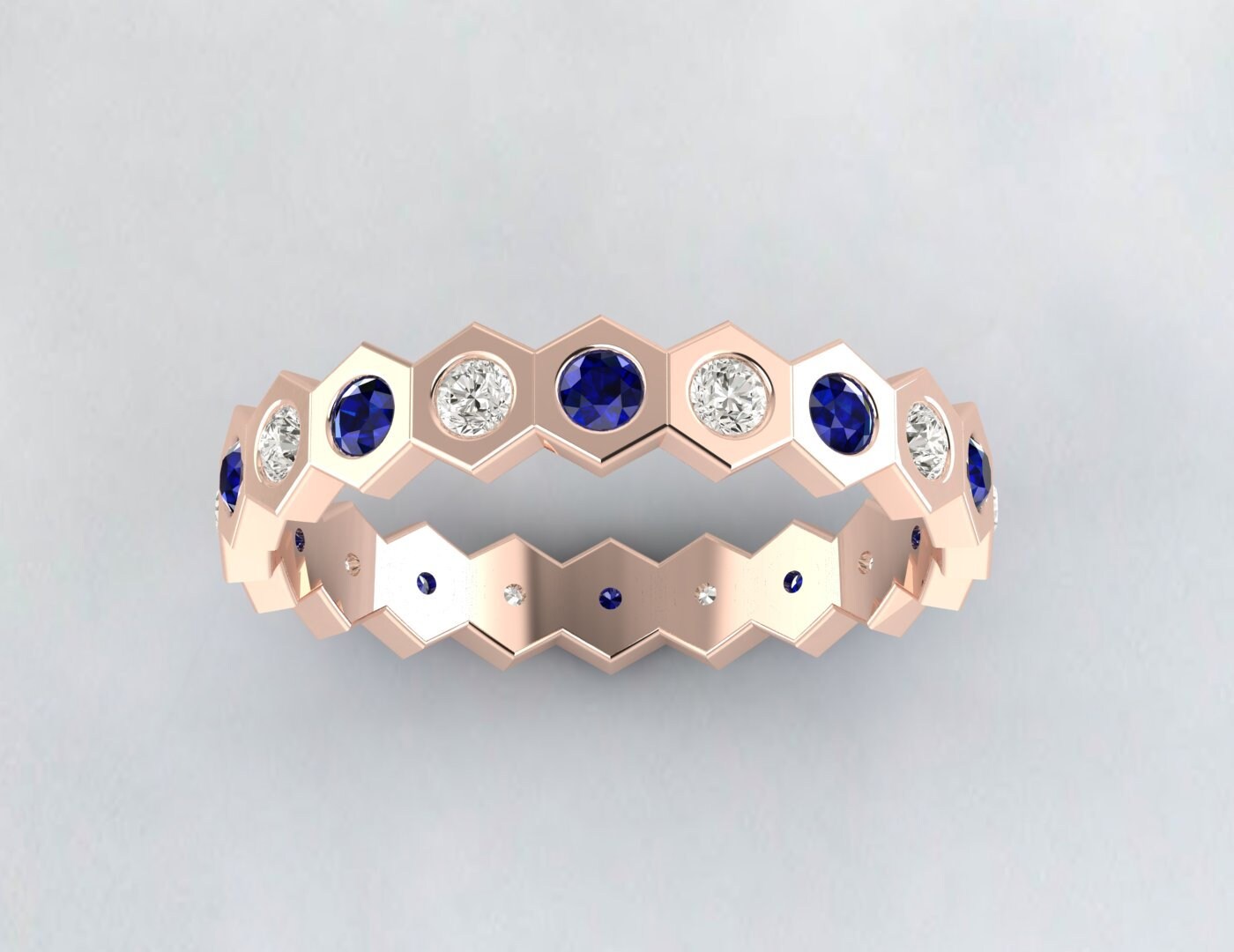 Diamond Blue Sapphire Eternity Wedding Band Hexagon Style Band