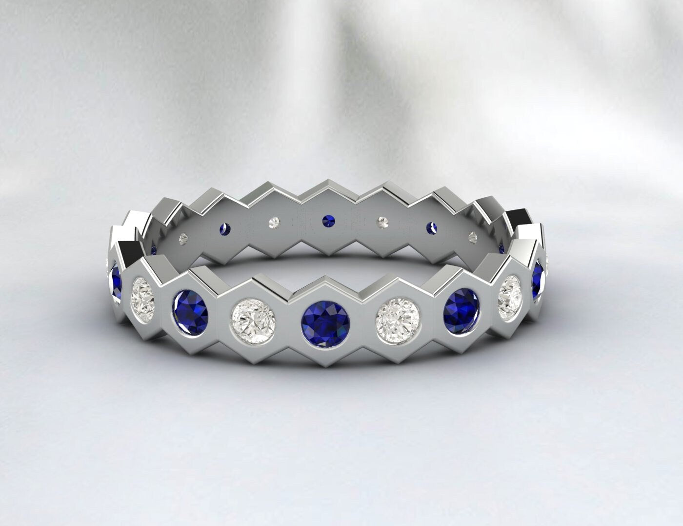 Diamond Blue Sapphire Eternity Wedding Band Hexagon Style Band