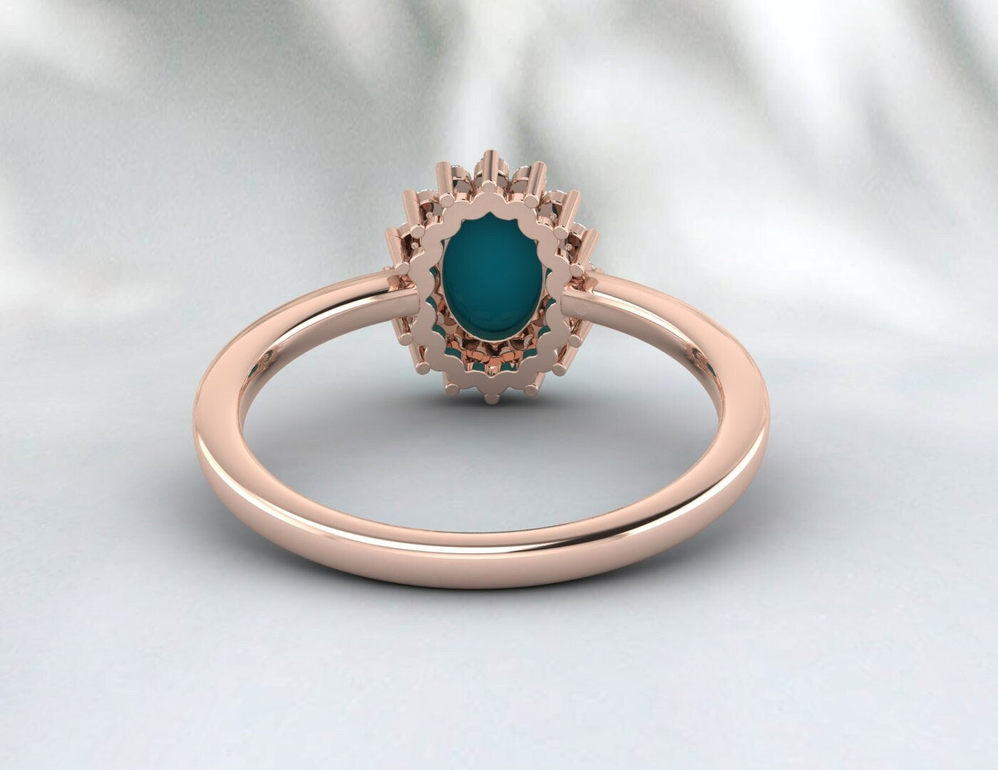 Natural Oval Blue Turquoise Halo Engagement Ring Diamond Wedding Band
