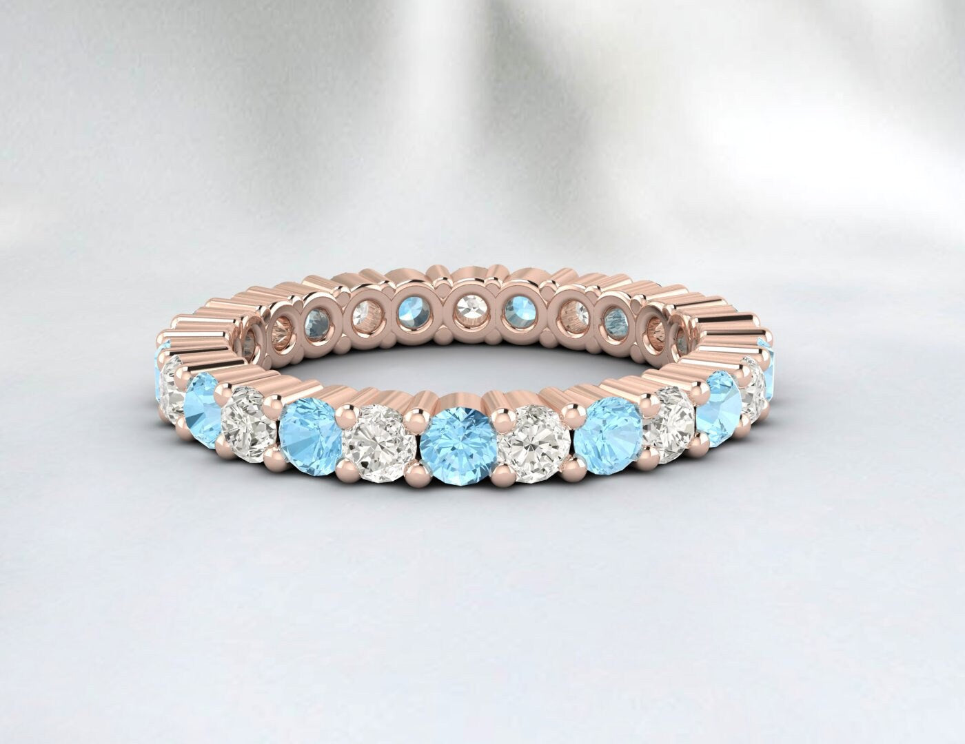 Round Aquamarine Wedding Band Bridal Ring Diamond Anniversary Ring