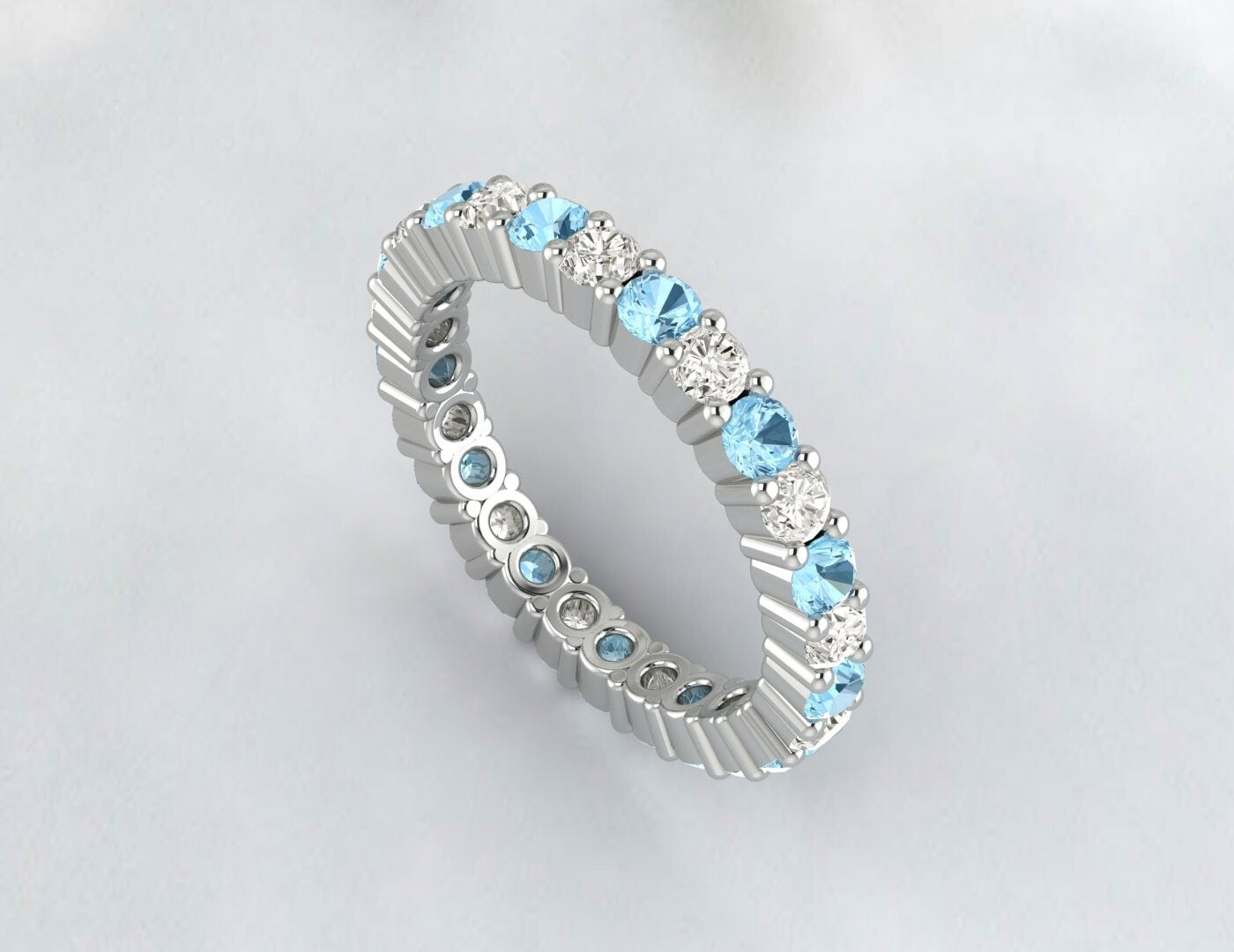 Round Aquamarine Wedding Band Bridal Ring Diamond Anniversary Ring
