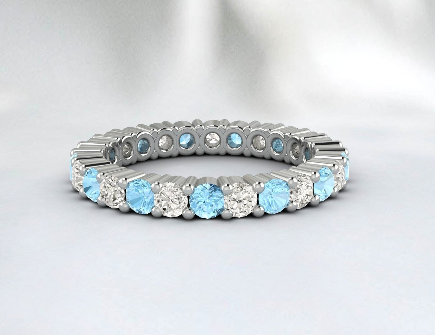 Round Aquamarine Wedding Band Bridal Ring Diamond Anniversary Ring