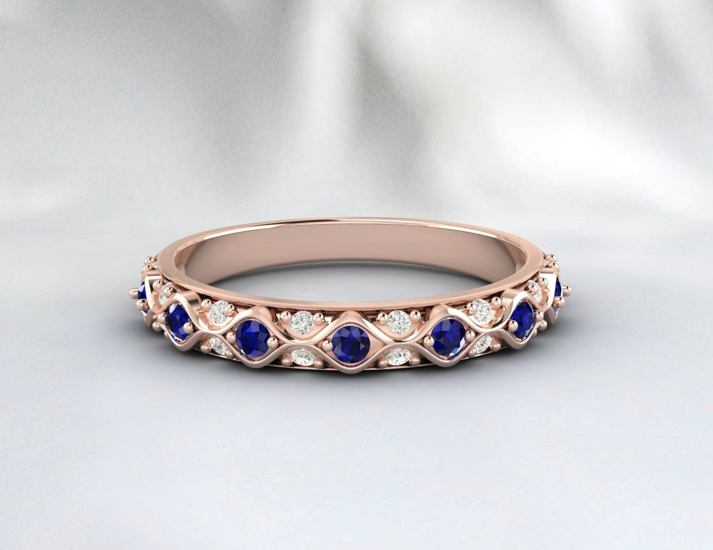 Cadeau d’anniversaire vintage d’alliance de saphir antique argenté pour elle