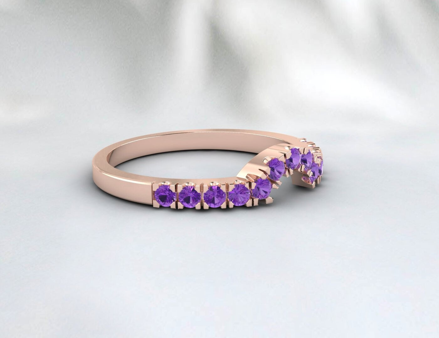 Sterling Silver Rings Amethyst Wedding Band Half Eternity Curved Ring White Gold Plated Anniversary Gift Matching Band February Birthstone