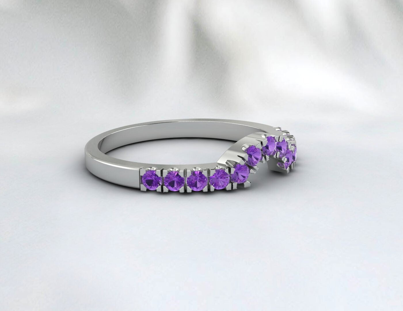 Sterling Silver Rings Amethyst Wedding Band Half Eternity Curved Ring White Gold Plated Anniversary Gift Matching Band February Birthstone