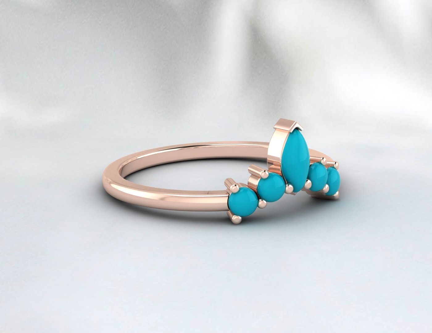 Vintage Blue Turquoise Marquise Cut Curved 5 Stone Ring wedding Band