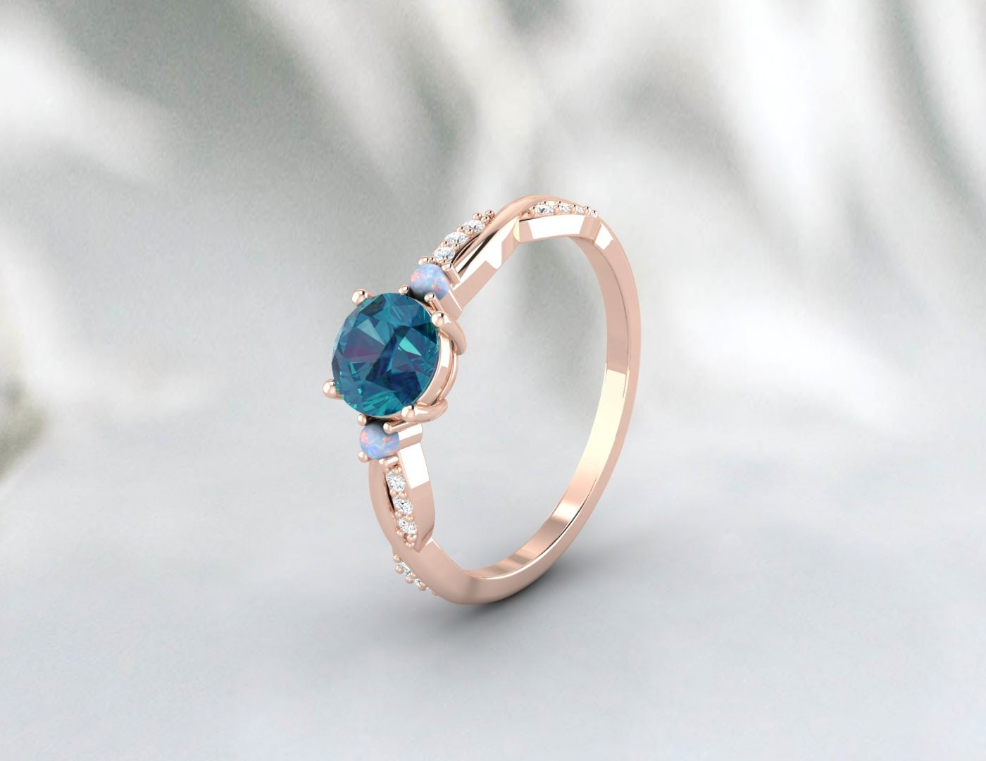 Round London Blue Topaz engagement ring, vintage opal ring, Diamond ring for women rose gold ring jewelry unique anniversary wedding ring