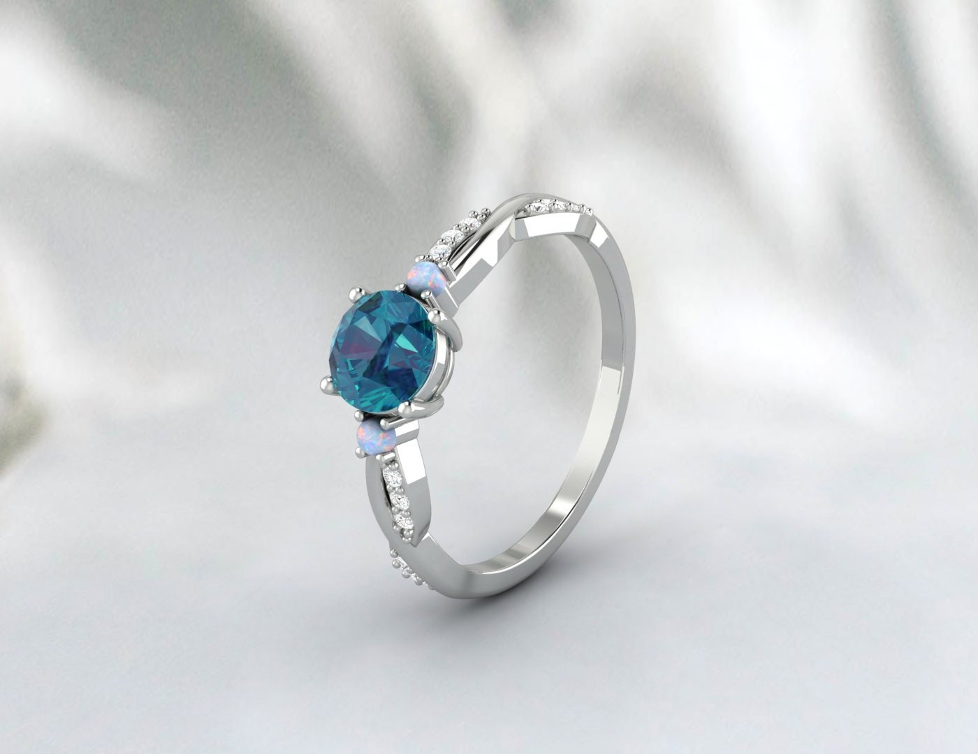 Round London Blue Topaz engagement ring, vintage opal ring, Diamond ring for women rose gold ring jewelry unique anniversary wedding ring